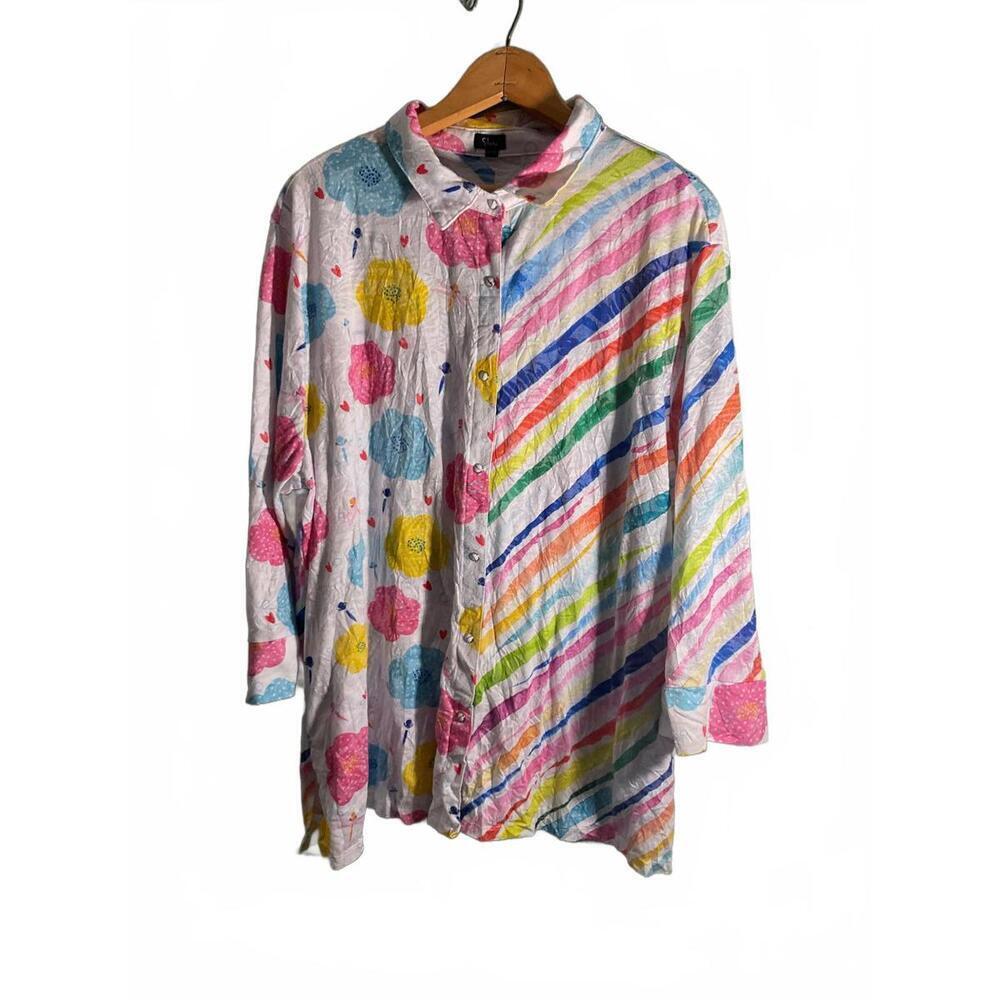 Shana Long Sleeve Button-Up Shirt with Colorful Floral and Stripe Pattern XL